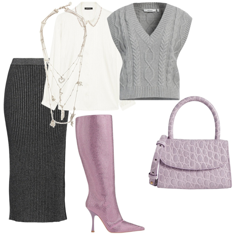 Outfit donna - A pranzo fuori. per Tutti i giorni. Abbinamento con stivali, gonne longuette, borse a mano, collane, pullovers, camicie.