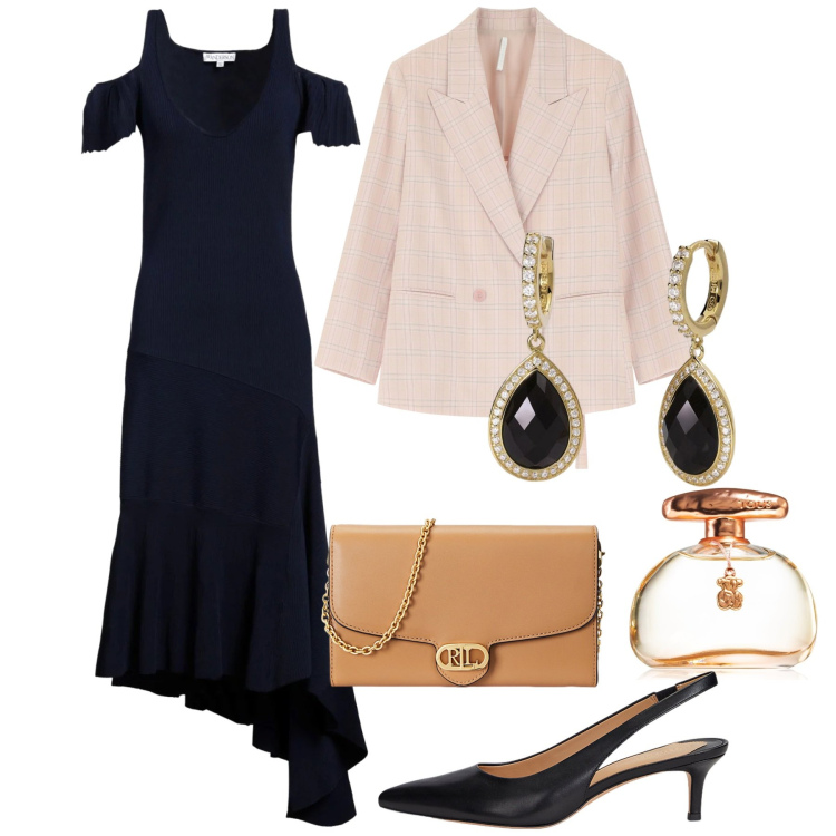 Outfit donna - Abiti asimmetrici - Focus Donna Curvy I. Stile Chic per Cerimonia. Abbinamento con vestiti asimmetrici, profumi, orecchini, blazer, décolleté, borse a tracolla.