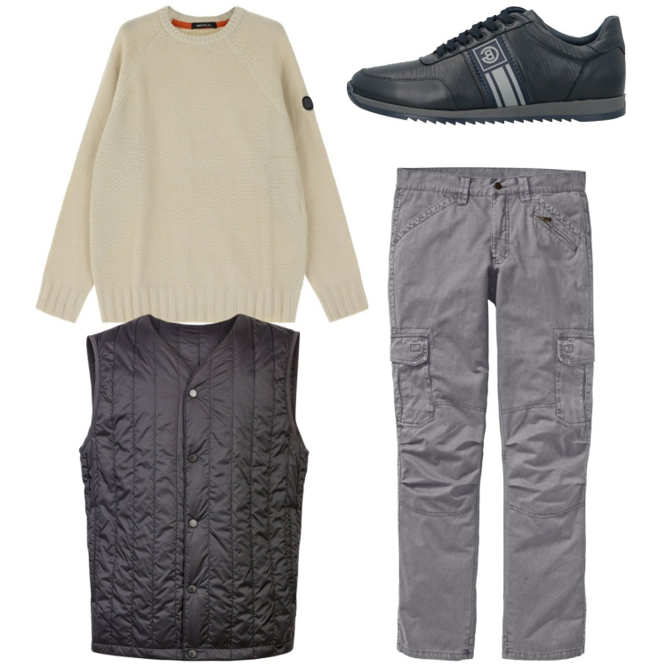 Outfit uomo - City. Stile Casual per Tutti i giorni. Abbinamento con pantaloni cargo, sneakers, maglieria, piumini.