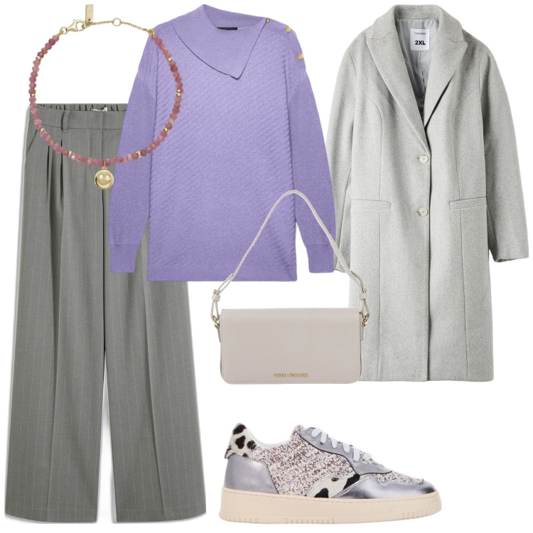 Outfit donna - Esco a prendere due cosine. per Tutti i giorni. Abbinamento con pantaloni a palazzo, borse a mano, braccialetti, cappotti, sneakers, maglieria.