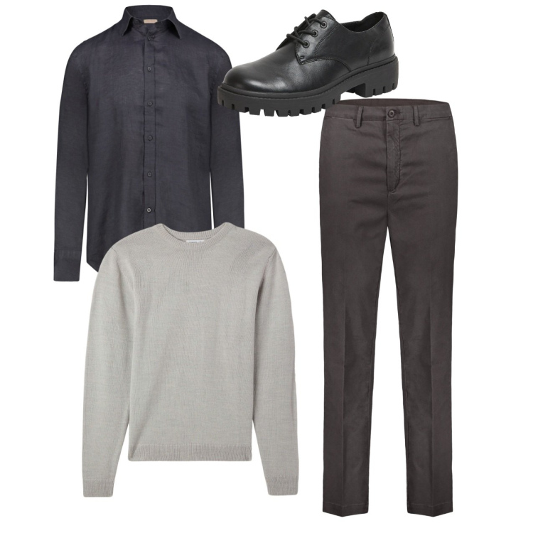 Outfit uomo - City. Stile Casual per Tutti i giorni. Abbinamento con scarpe stringate, maglieria, camicie, pantaloni.