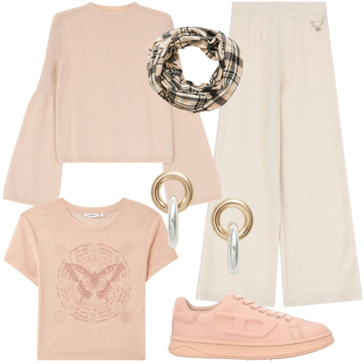 Outfit donna - Comodità soft. Stile Sporty chic per Tutti i giorni. Abbinamento con sneakers, t-shirt, sciarpe, pantaloni, maglieria, orecchini.
