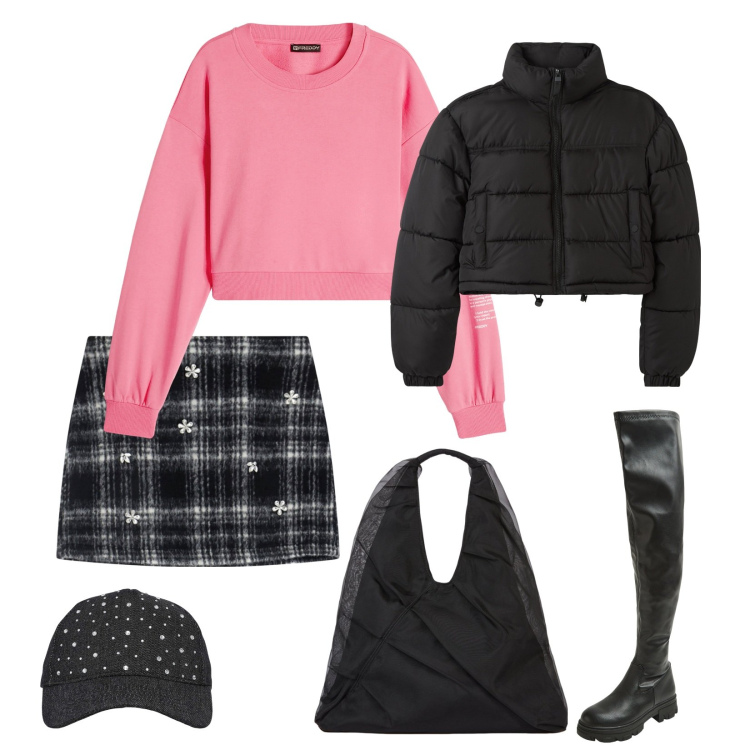 Outfit donna - Tra ragazze. per Serata fuori. Abbinamento con stivali, blazer, cappelli, minigonne, felpe, shopping bag.