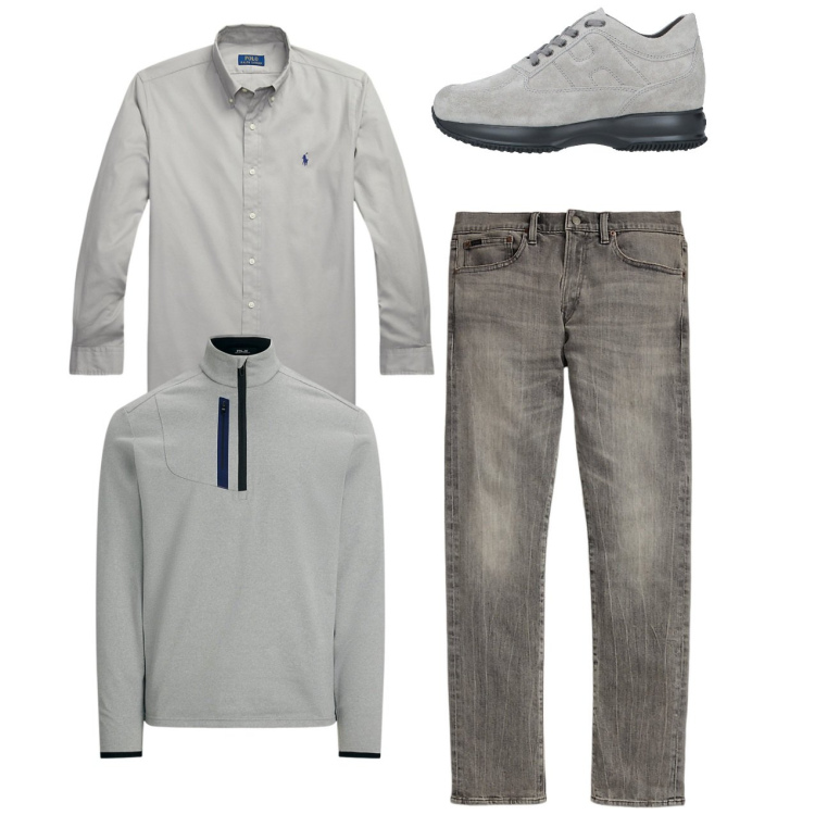 Outfit uomo - City. Stile Casual per Tutti i giorni. Abbinamento con sneakers, pullovers, jeans, camicie.