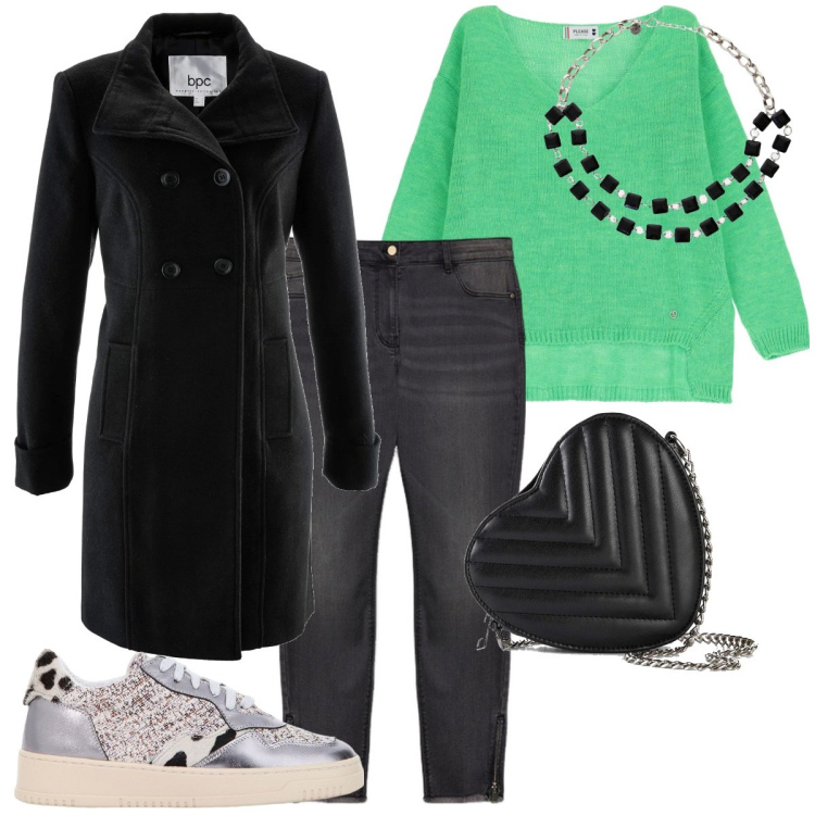 Outfit donna - Verso la primavera. Stile Casual per Tutti i giorni. Abbinamento con cappotti, borse a tracolla, maglieria, sneakers, collane, jeans skinny.