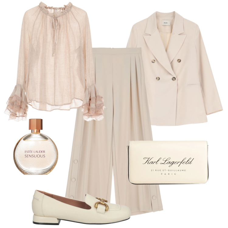Outfit donna - Nude panna ufficio- @danipoetessa73. Stile Glamour per Ufficio. Abbinamento con mocassini, borse a mano, profumi, bluse, pantaloni, blazer.