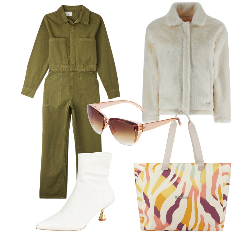 Outfit donna - A spasso con amici. Stile Casual chic per Tutti i giorni. Abbinamento con occhiali da sole, stivaletti, tute, cappotti, shopping bag.