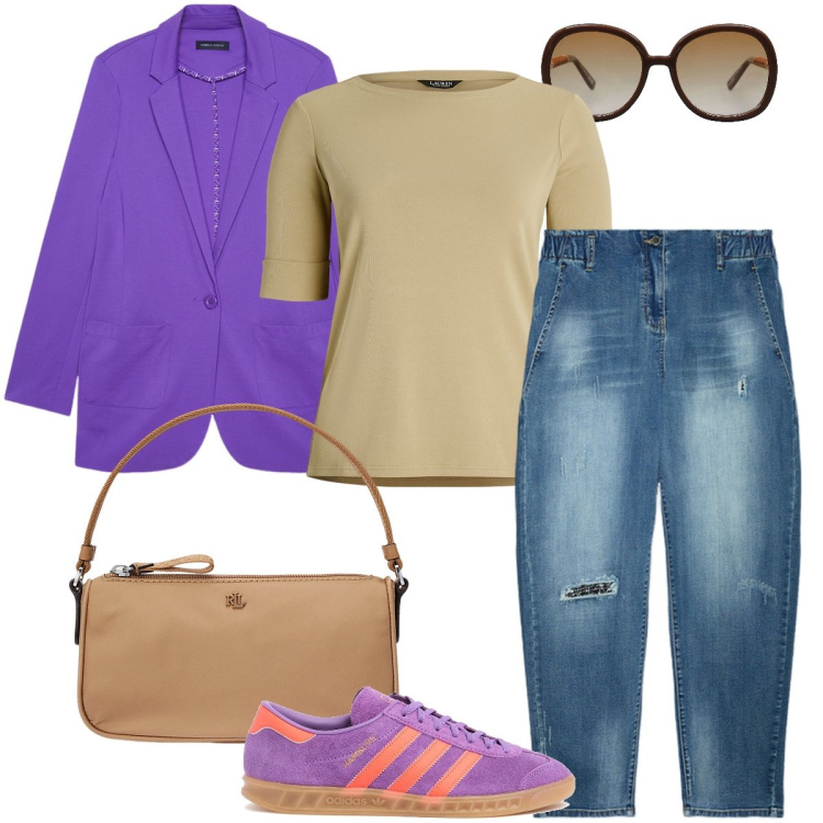 Outfit donna - Semplice ma sfiziosa. Stile Sporty chic per Tutti i giorni. Abbinamento con occhiali da sole, top, pochette, jeans dritti, sneakers, blazer.