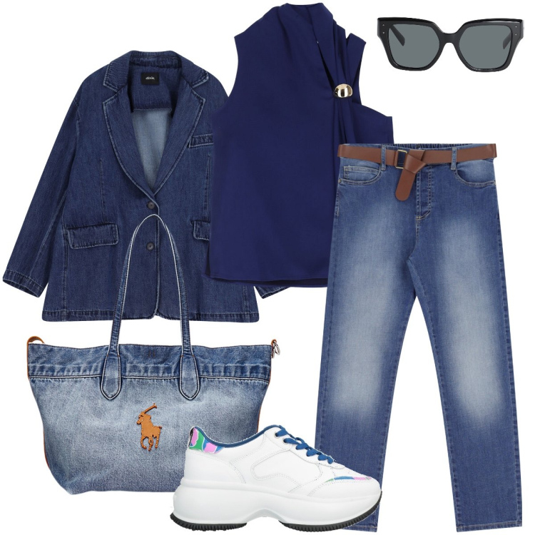 Outfit donna - Un po’ di denim. Stile Urban per Tutti i giorni. Abbinamento con occhiali da sole, sneakers, top, jeans dritti, blazer, borse tote.
