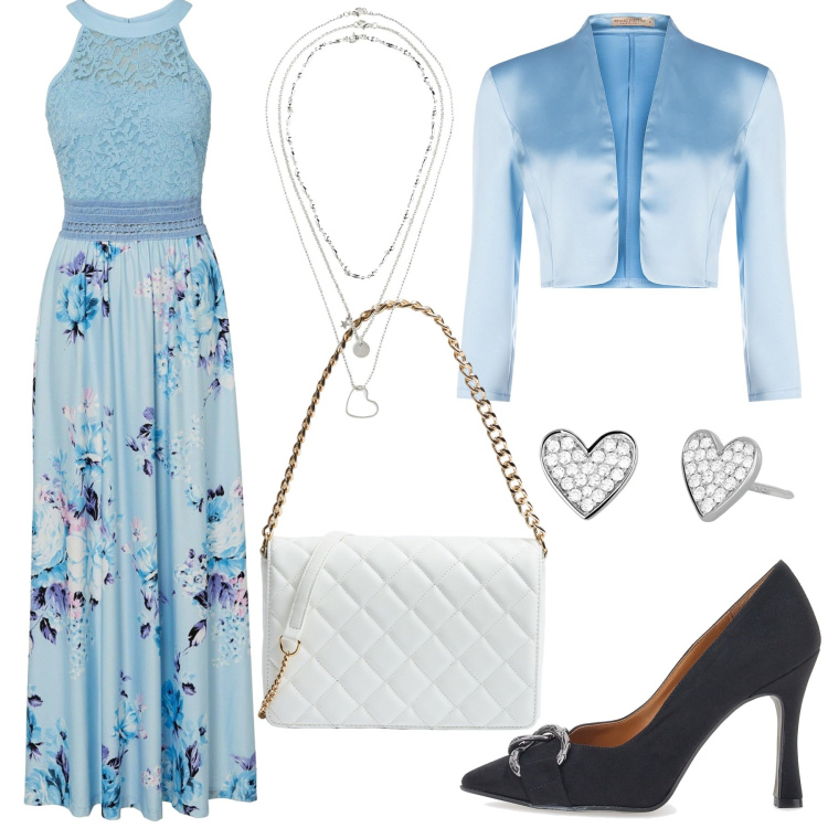 Outfit donna - Total look #2064918. Stile Romantica per Cerimonia. Abbinamento con vestiti lunghi, collane, borse a tracolla, orecchini, bolero, décolleté.