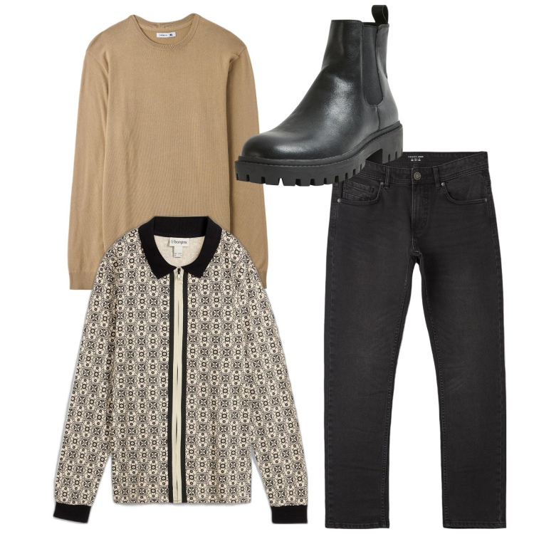 Outfit uomo - City. Stile Trendy per Tutti i giorni. Abbinamento con polo, stivali e stivaletti, jeans dritti, maglieria.