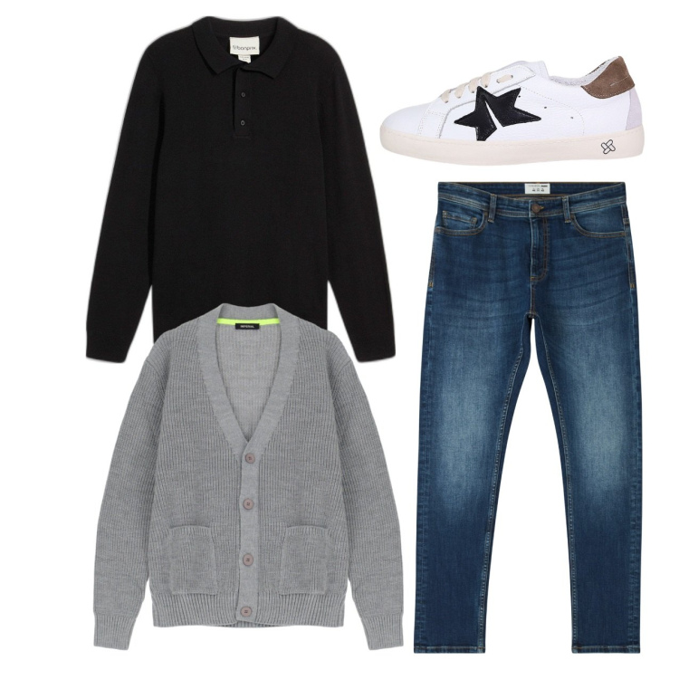 Outfit uomo - City. Stile Casual per Tutti i giorni. Abbinamento con polo, jeans skinny, cardigans, sneakers.