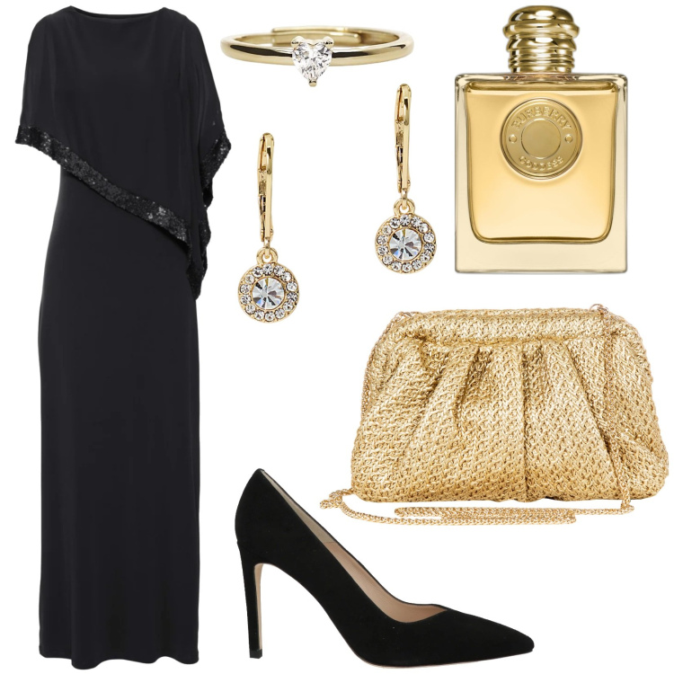 Outfit donna - Asimmetrie e riflessi preziosi. Stile Glamour per Cerimonia. Abbinamento con vestiti, décolleté, profumi, anelli, clutch, orecchini.