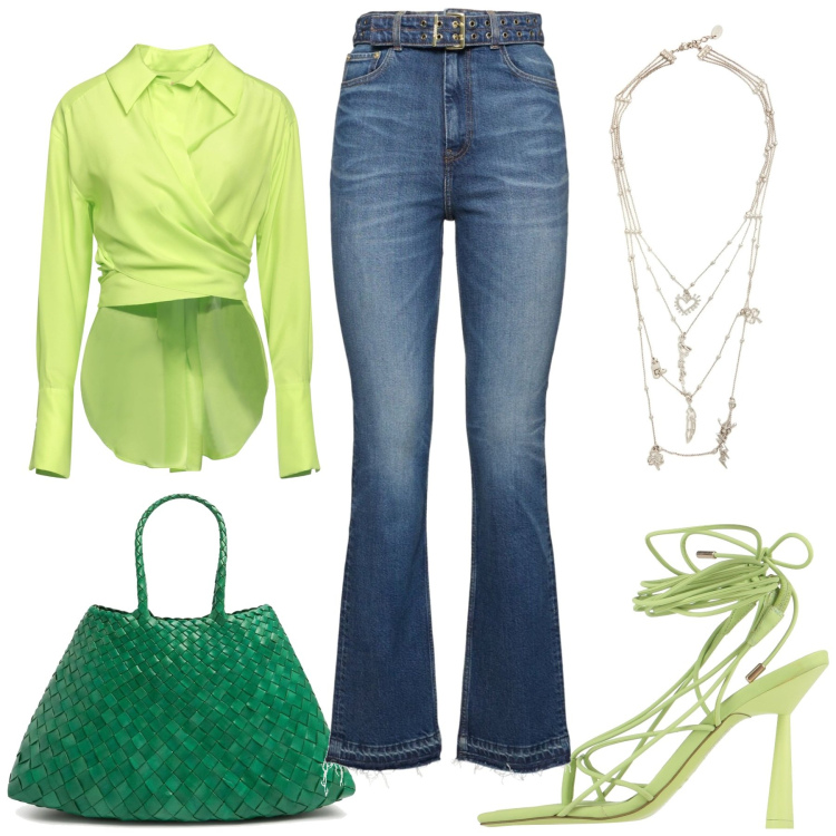 Outfit donna - Total look #2064937. Stile Trendy per Tutti i giorni. Abbinamento con infradito, camicie, collane, jeans dritti, borse a spalla.