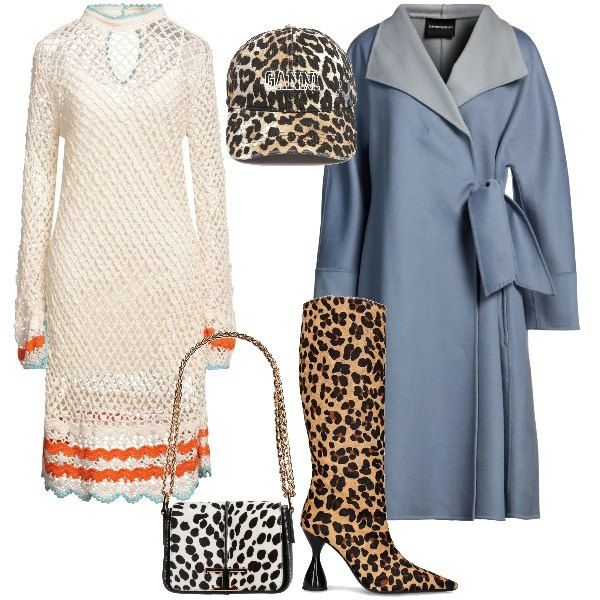 Outfit donna - Massimalismo. Stile Urban per Tutti i giorni. Abbinamento con cappotti, vestiti midi/longuette, borse a spalla, cappelli, stivali.