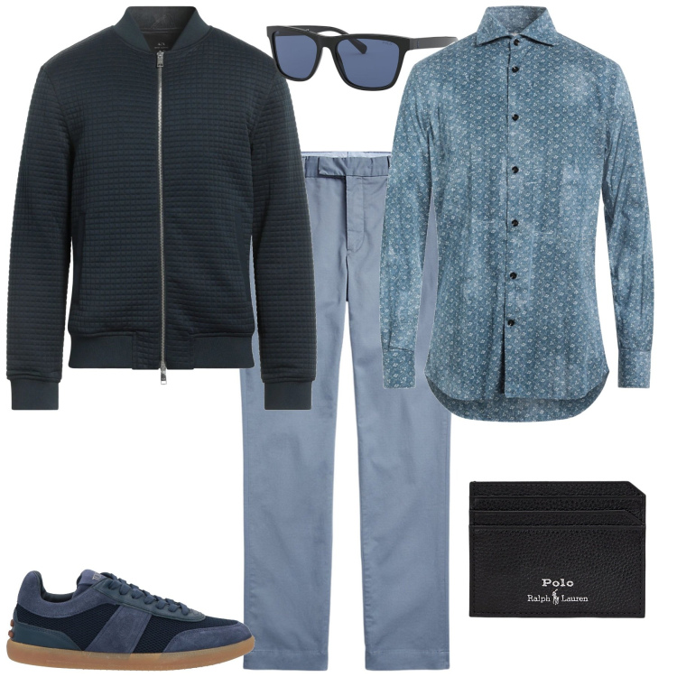 Outfit uomo - Total look #2064943. Stile Trendy per Tutti i giorni. Abbinamento con sneakers, camicie, giacche, portafogli, occhiali da sole, pantaloni chino.