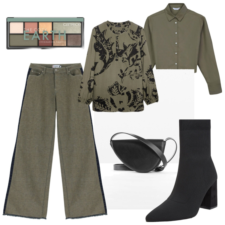 Outfit donna - Total look #2064944. Stile Trendy per Ufficio. Abbinamento con borse a tracolla, ombretti, camicie, stivaletti, jeans a zampa, bluse.