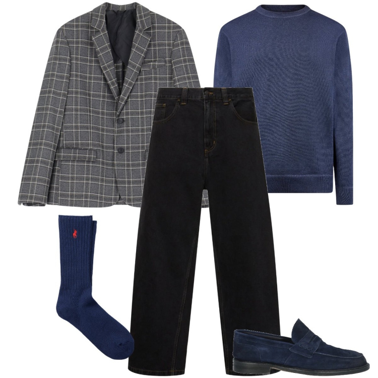 Outfit uomo - Dettagli blu. Stile Business/Elegante per Serata speciale. Abbinamento con scarpe stringate, giacche, calzini, maglieria, jeans.