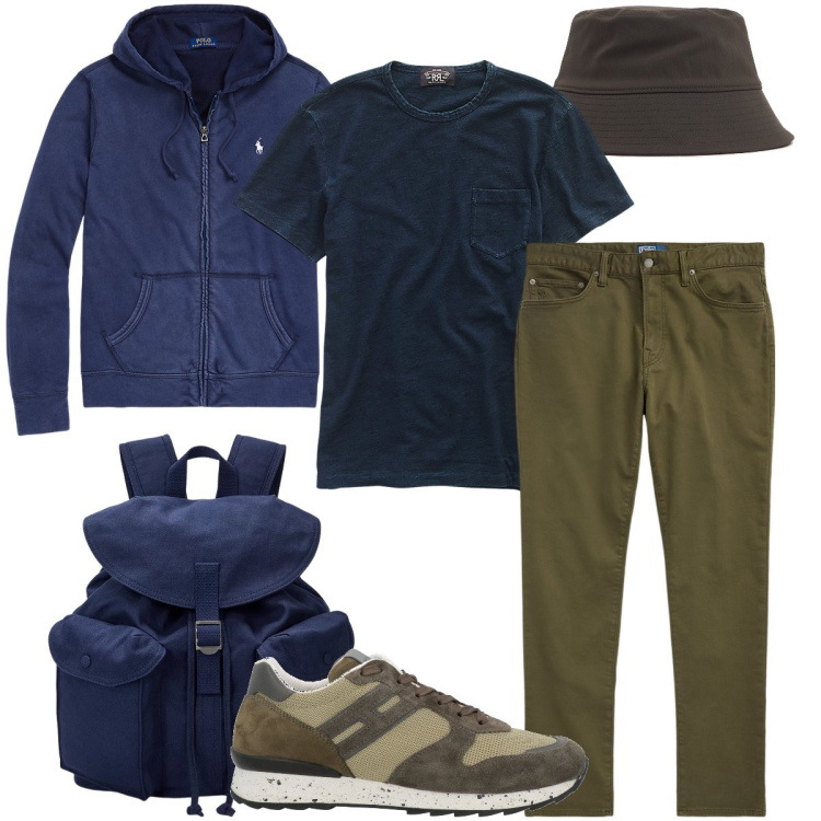 Outfit uomo - Versione casual. Stile Casual per Tutti i giorni. Abbinamento con sneakers, t-shirt, borse sportive, pantaloni chino, felpe con cappuccio, cappelli.
