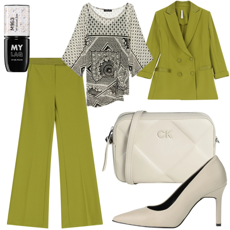 Outfit donna - Total look #2064949. Stile Casual chic per Ufficio. Abbinamento con borse a tracolla, décolleté, smalti, pantaloni, blazer, t-shirt.