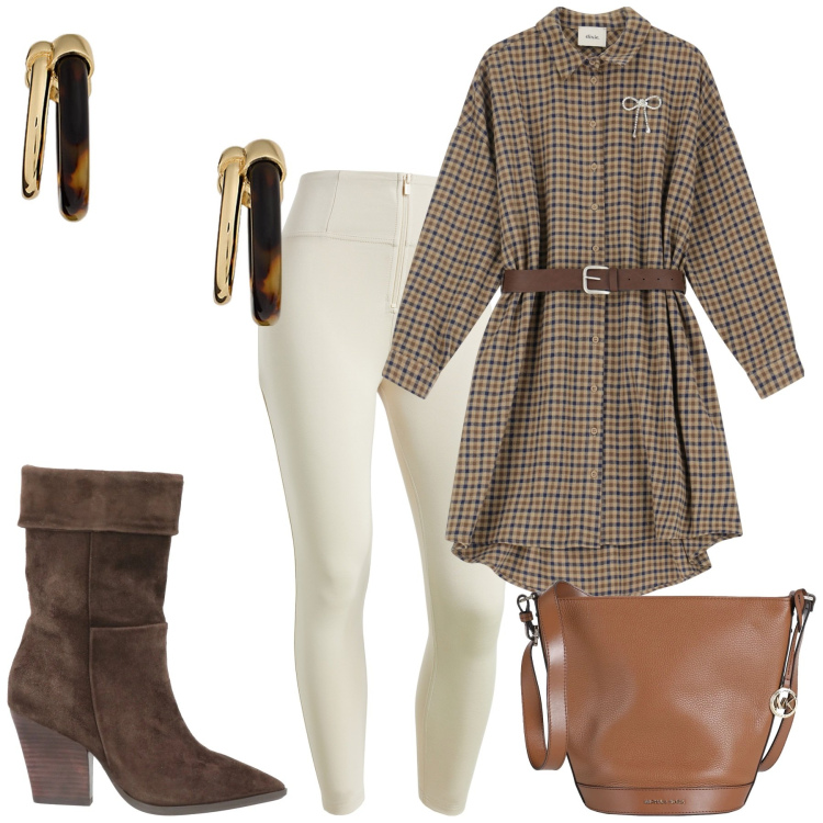Outfit donna - Primavera?. Stile Casual chic per Tutti i giorni. Abbinamento con stivaletti, borse a spalla, pantaloni skinny, vestiti, orecchini.