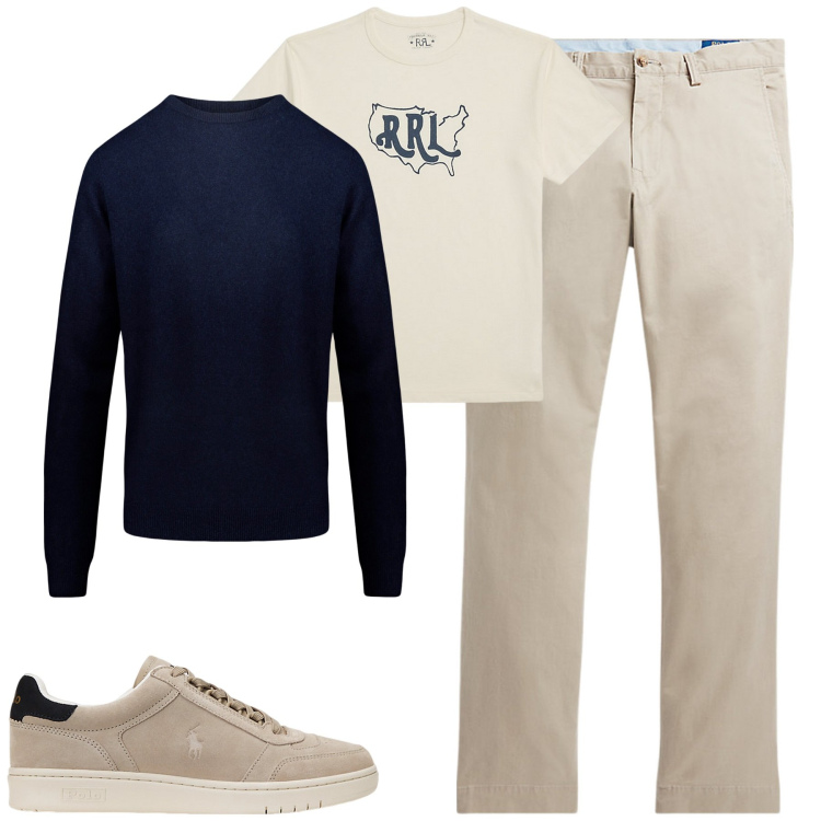 Outfit uomo - City. Stile Casual per Tutti i giorni. Abbinamento con pantaloni, sneakers, t-shirt, maglieria.