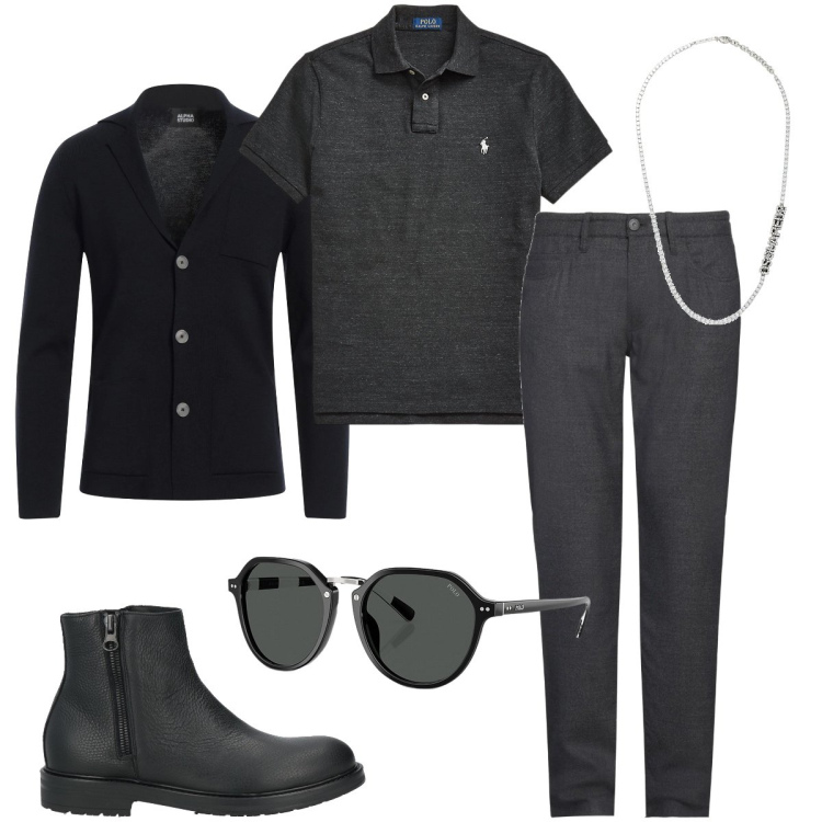 Outfit uomo - Grigio e nero. Stile Business/Elegante per Ufficio. Abbinamento con pantaloni, cardigans, stivali e stivaletti, collane, occhiali da sole, polo.