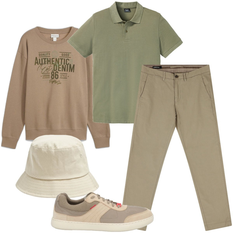 Outfit uomo - Aria di primavera. Stile Casual per Tutti i giorni. Abbinamento con polo, felpe, sneakers, cappelli, pantaloni chino.