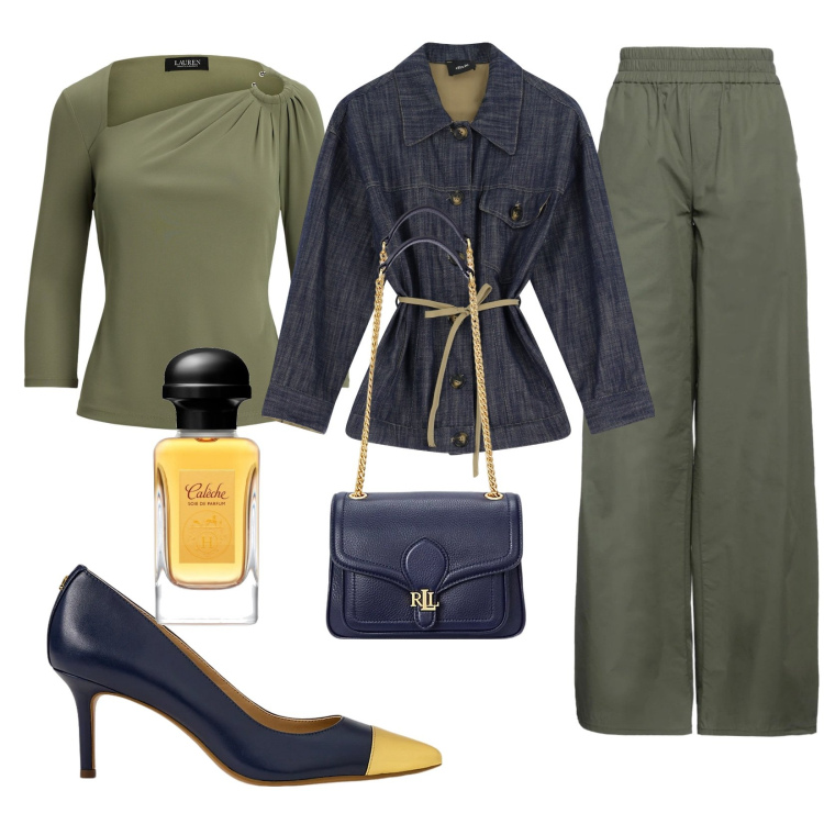 Outfit donna - Total look #2064962. Stile Trendy per Ufficio. Abbinamento con pantaloni, profumi, blazer, borse a spalla, top, décolleté.