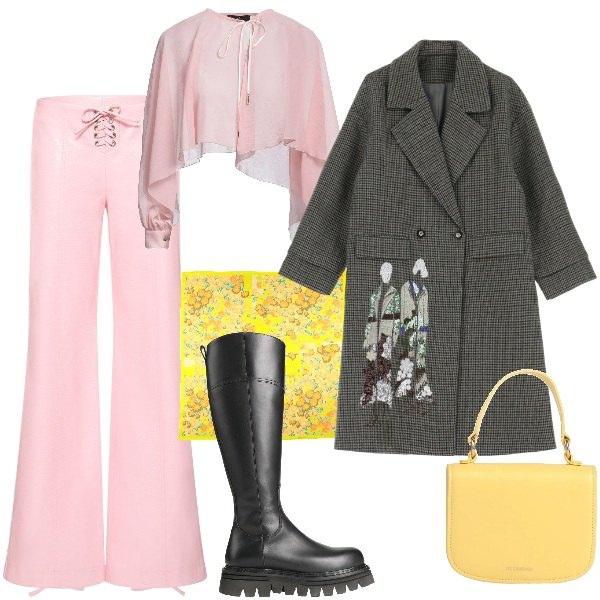 Outfit donna - massimalismo da sera. Stile Urban per Serata fuori. Abbinamento con stivali, camicie, sciarpe, borse a mano, trench, pantaloni.