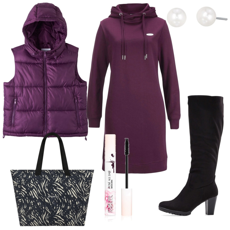 Outfit donna - Total look #2064968. Stile Trendy per Ufficio. Abbinamento con vestiti, stivali, mascara, piumini, orecchini, shopping bag.