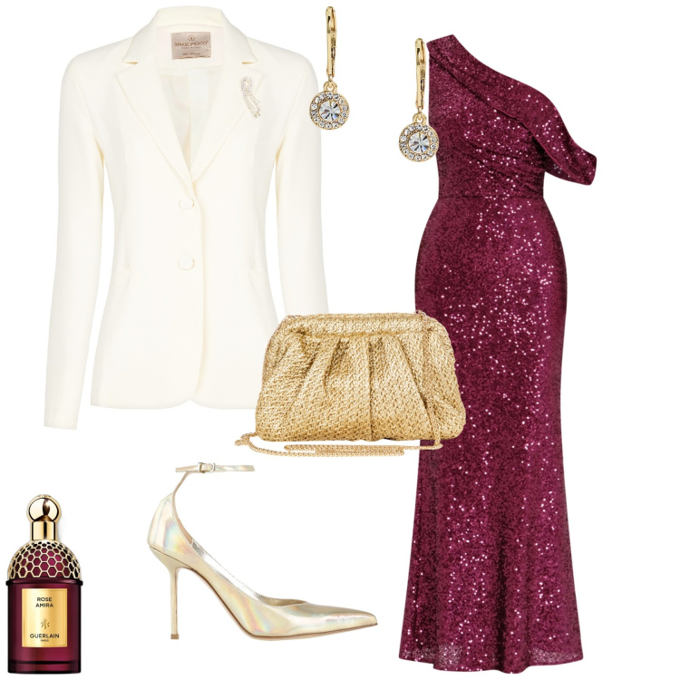 Outfit donna - Cerimonia evento serata speciale. Stile Bon Ton per Serata fuori. Abbinamento con décolleté, profumi, vestiti asimmetrici, blazer, clutch, orecchini.