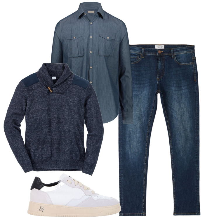 Outfit uomo - Total look #2064979. Stile Casual per Tutti i giorni. Abbinamento con maglieria, jeans skinny, sneakers, camicie.