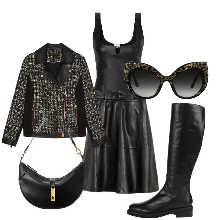 Outfit donna - Total Black. Stile Rock per Serata fuori. Abbinamento con gonne, occhiali da sole, body, stivali, borse a spalla, blazer.