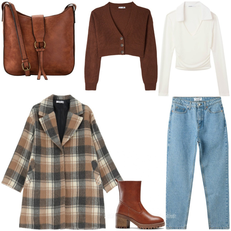 Outfit donna - Pomeriggio d\'autunno. Stile Casual chic per Scuola/Università. Abbinamento con borse a tracolla, stivaletti, jeans mom, polo, cardigans, cappotti.