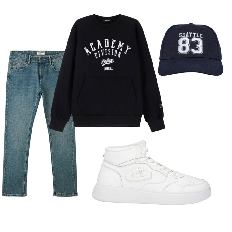 Outfit uomo - Total look #2064990. Stile Casual per Tutti i giorni. Abbinamento con sneakers alte, cappelli, jeans, felpe.