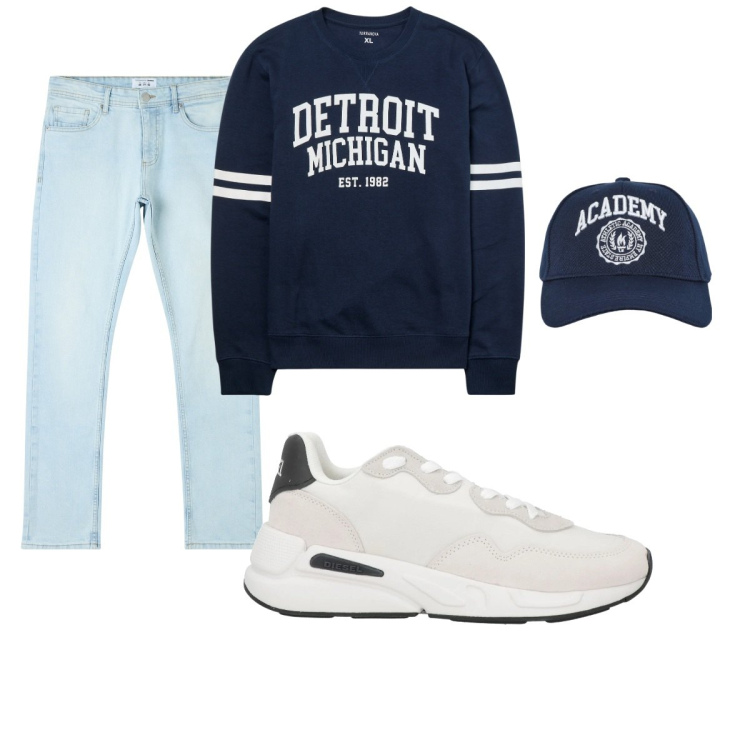 Outfit uomo - Total look #2064991. Stile Casual per Tutti i giorni. Abbinamento con sneakers, jeans dritti, felpe, cappelli con visiera.