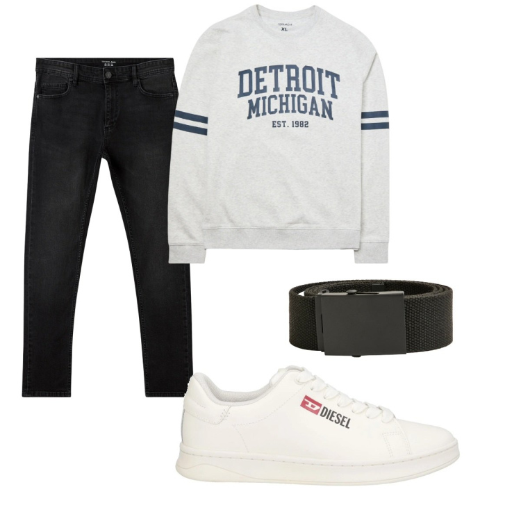 Outfit uomo - Total look #2064993. Stile Casual per Tutti i giorni. Abbinamento con sneakers, jeans skinny, felpe, cinture.