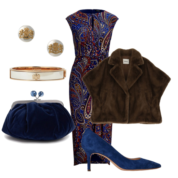 Outfit donna - Stile Etro. Stile Chic per Cerimonia. Abbinamento con blazer, braccialetti, orecchini, vestiti, décolleté, pochette.