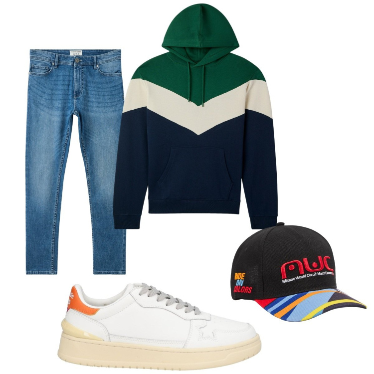 Outfit uomo - Total look #2064996. Stile Casual per Tutti i giorni. Abbinamento con sneakers, cappelli, jeans skinny, felpe con cappuccio.