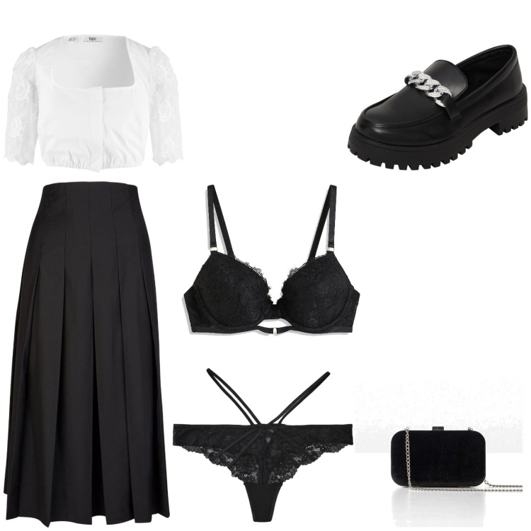 Outfit donna - Appuntamento estivo. Stile Casual chic per Serata fuori. Abbinamento con camicie, pochette, reggiseni push-up, mocassini, perizomi, gonne longuette.