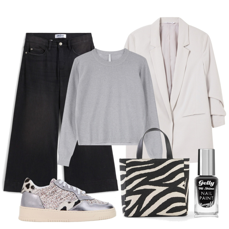 Outfit donna - Casual. Stile Casual per Tutti i giorni. Abbinamento con jeans boyfriend, borse a mano, smalti, blazer, sneakers, maglieria.