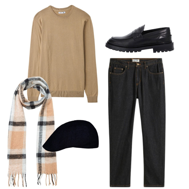 Outfit uomo - City. Stile Casual per Tutti i giorni. Abbinamento con jeans dritti, maglieria, sciarpe, scarpe stringate, cappelli e berretti.