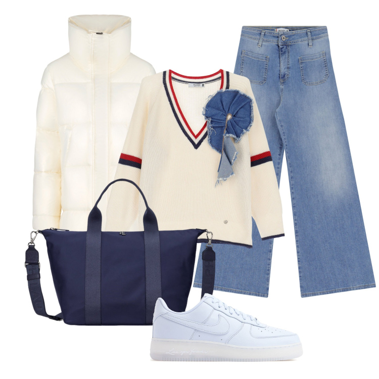 Outfit donna - Bianco Panna e Jeans. Stile Casual chic per Tutti i giorni. Abbinamento con jeans, maglieria, blazer, borse tote, sneakers.