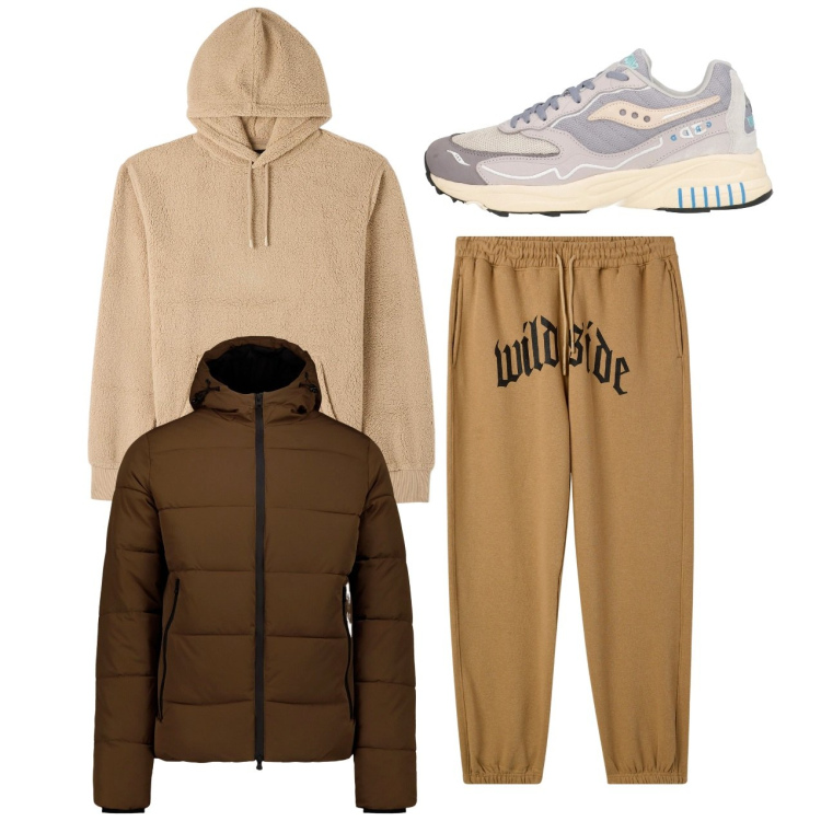 Outfit uomo - City. Stile Casual per Tutti i giorni. Abbinamento con sneakers, pantaloni, felpe con cappuccio, piumini.
