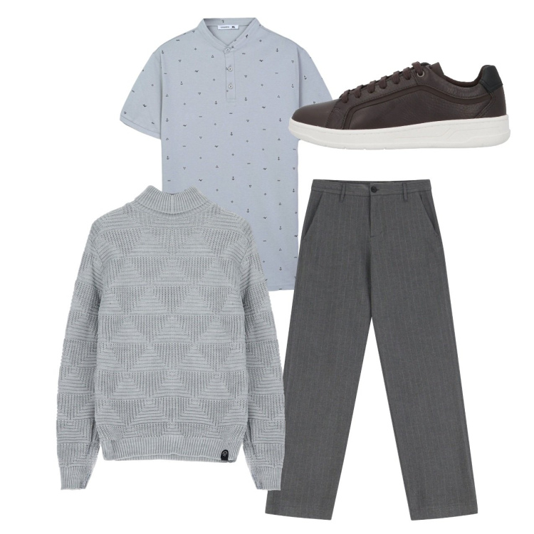 Outfit uomo - City. Stile Casual per Tutti i giorni. Abbinamento con sneakers, t-shirt, pantaloni, maglieria.