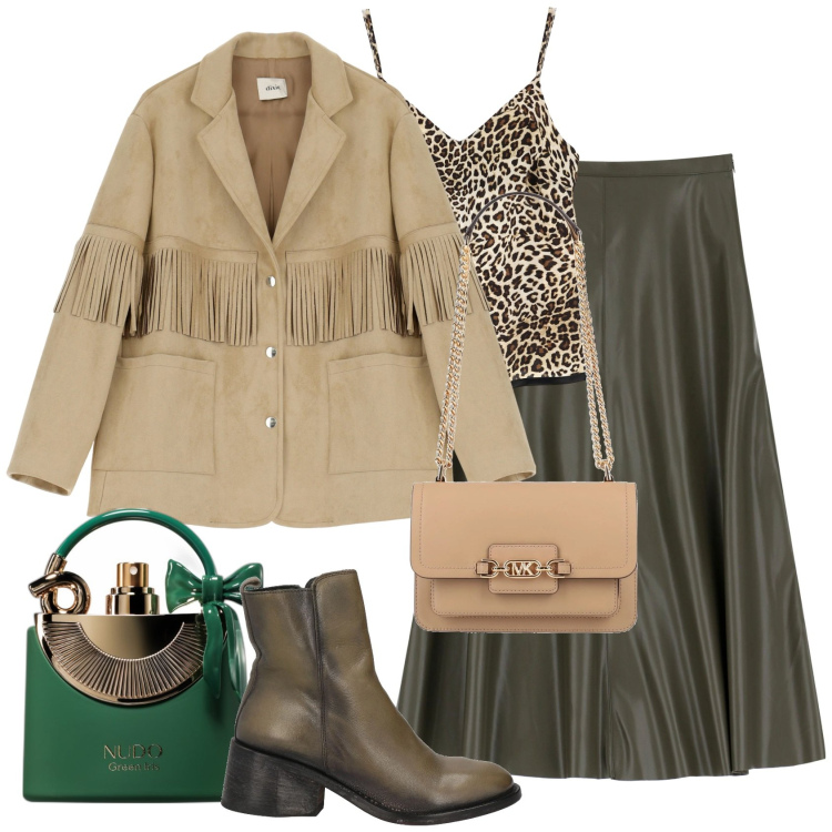 Outfit donna - Earth tone. Stile Glamour per Tutti i giorni. Abbinamento con stivaletti, borse a spalla, profumi, gonne, blazer, top.