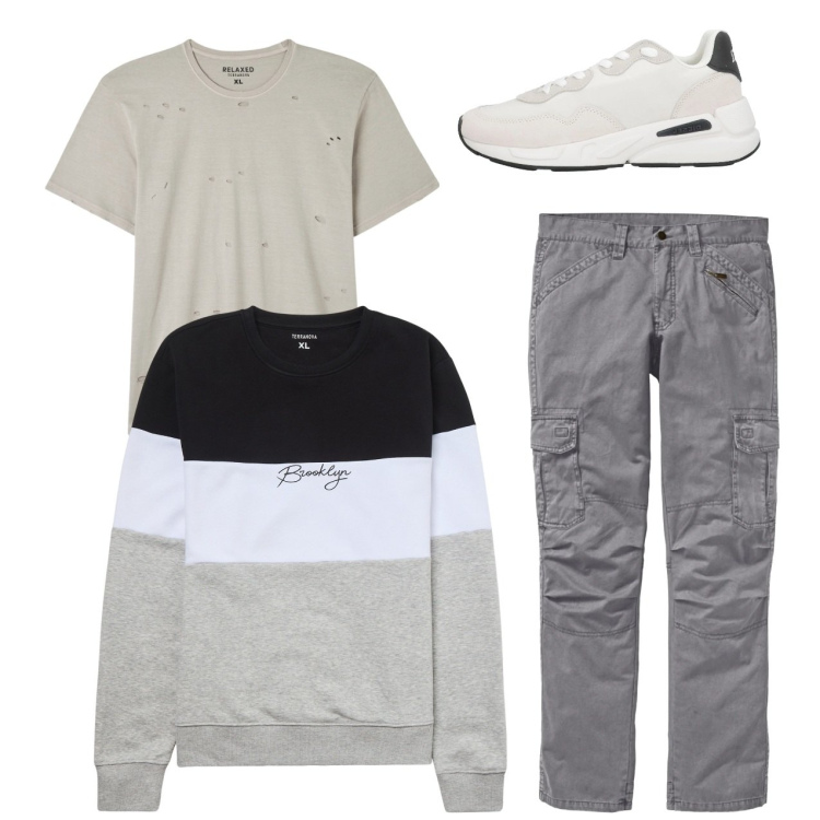 Outfit uomo - City. Stile Casual per Tutti i giorni. Abbinamento con pantaloni cargo, sneakers, t-shirt, felpe.