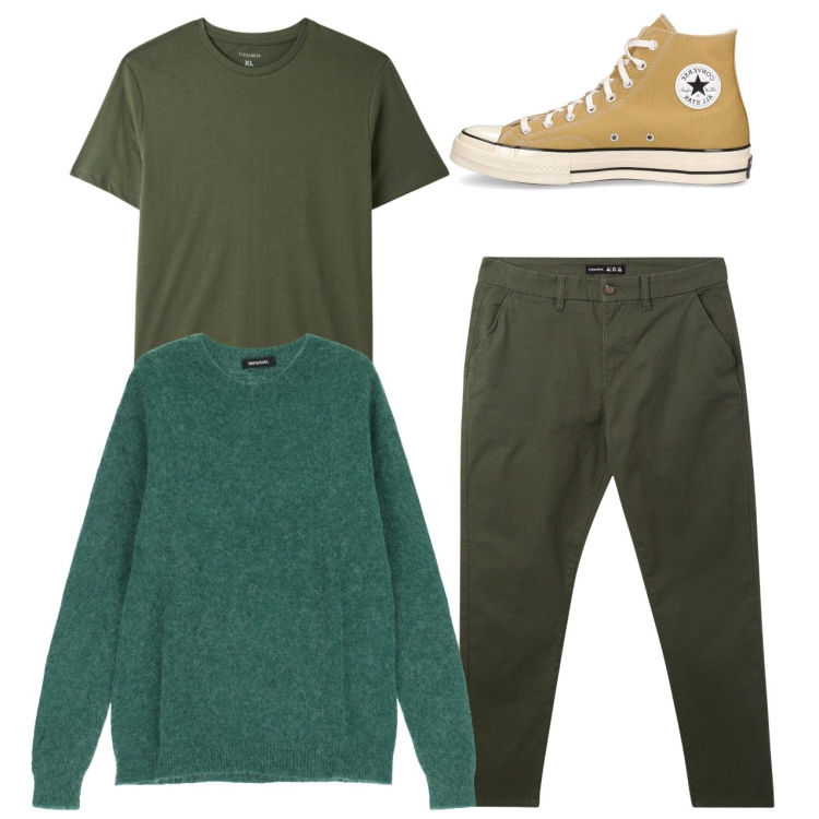 Outfit uomo - City. Stile Casual per Tutti i giorni. Abbinamento con pantaloni chino, t-shirt, maglieria, sneakers.