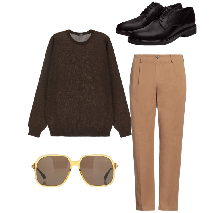 Outfit uomo - City. Stile Casual per Tutti i giorni. Abbinamento con occhiali da sole, pantaloni, maglieria, scarpe stringate.